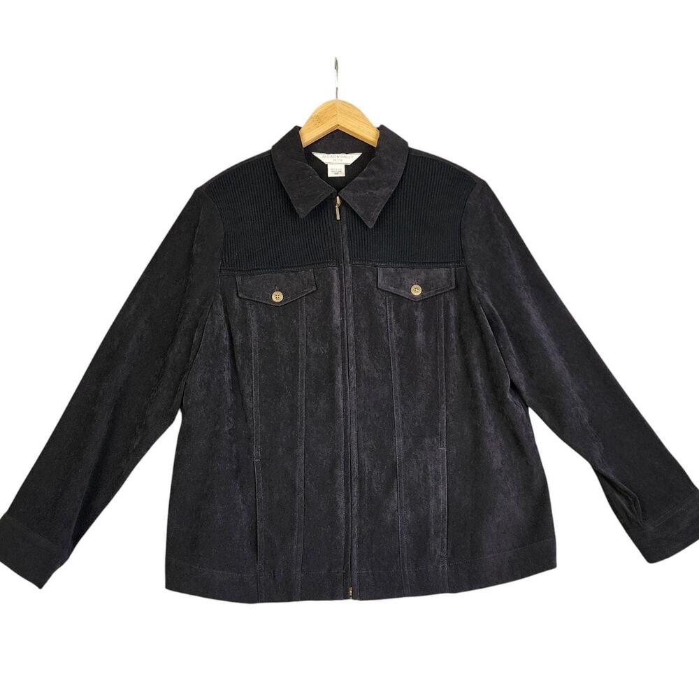 Allison Daley Womens Vintage Faux Suede Jacket Petite Size 12P Black‎ Ribbed Zip